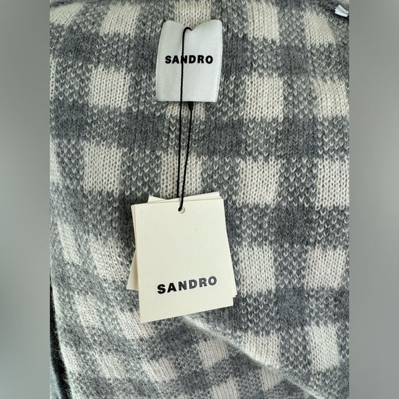 Sandro Checkered Jacquard Cardigan Light Grey Sz 3 - Picture 5 of 8